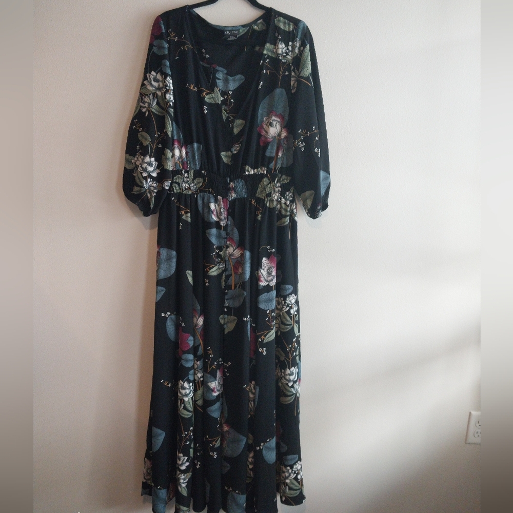 City Chic Multicolor Floral Long Sleeve Smocked Waist Maxi Dress